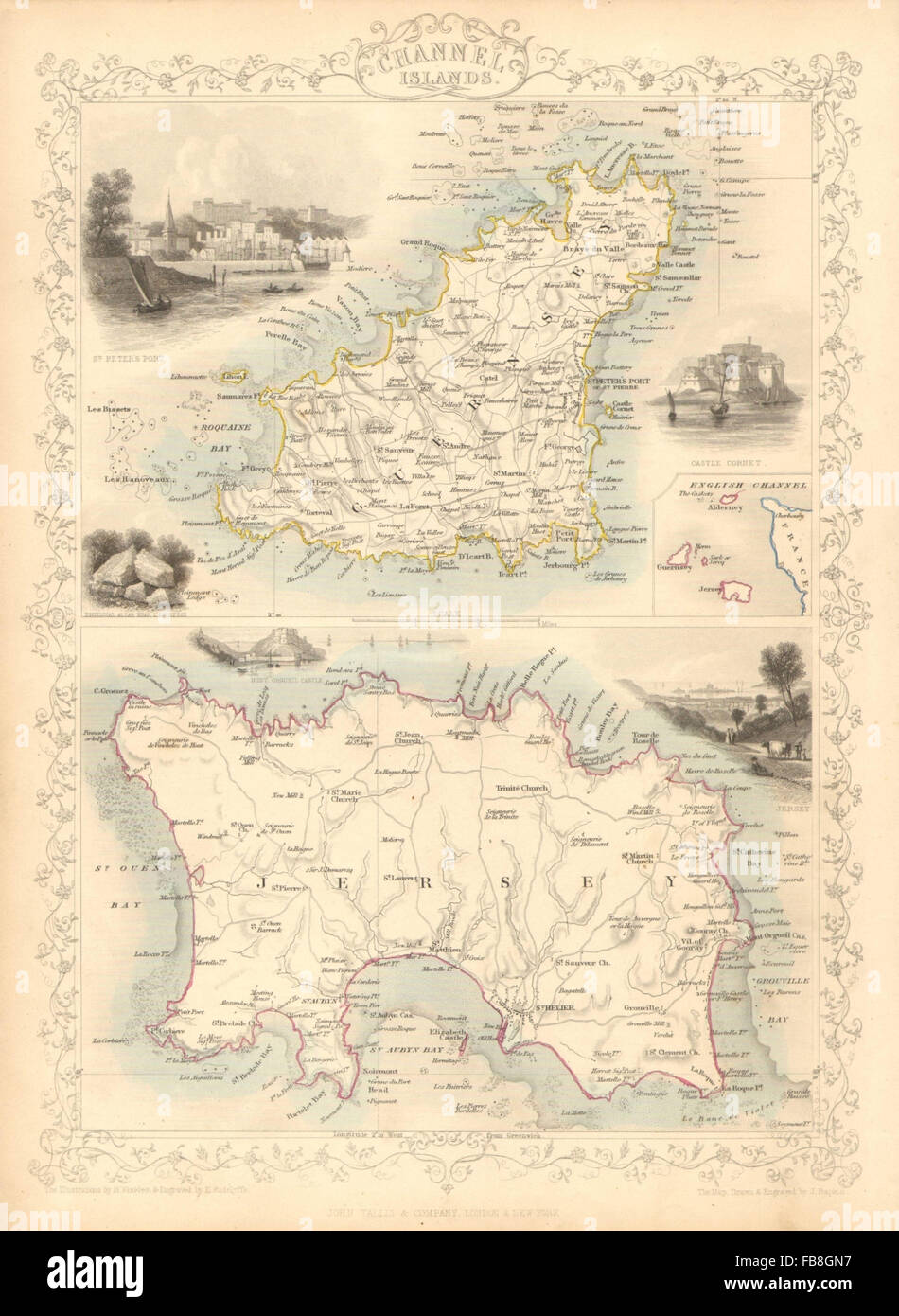 CHANNEL ISLANDS: St Peter Port view. Jersey & Guernsey. TALLIS/RAPKIN, 1851 map Stock Photo