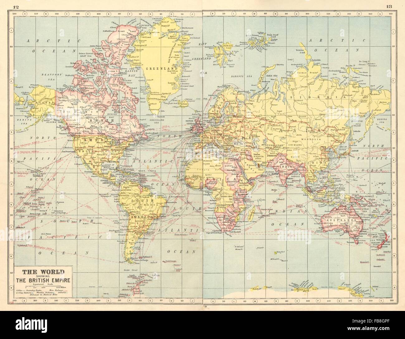 BRITISH EMPIRE: Coaling & wireless stations.Oilfields.Steamship routes, 1920 map Stock Photo