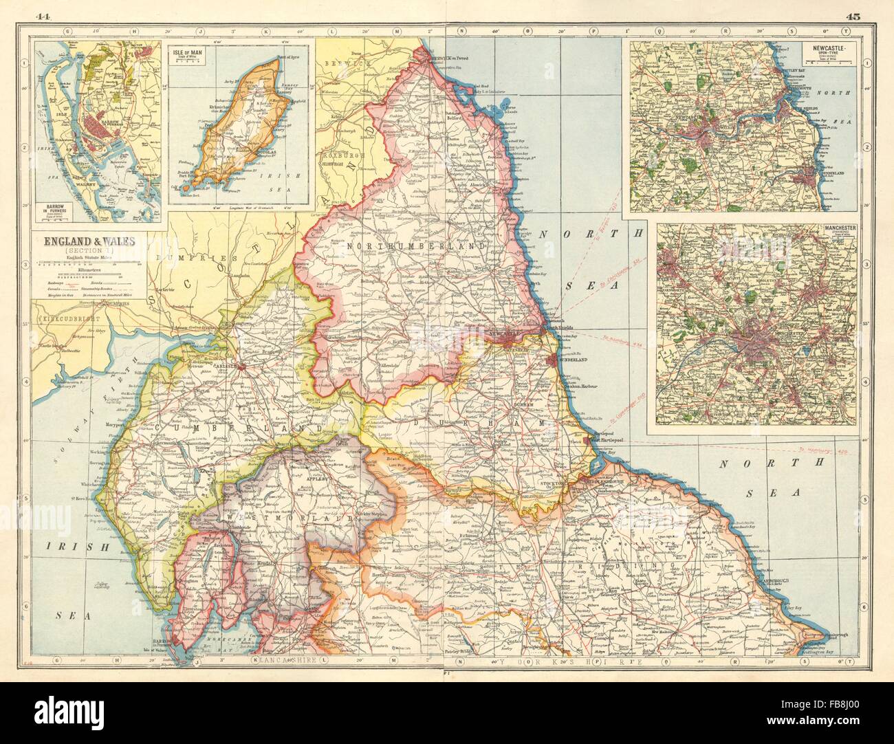 ENGLAND NORTH: Cumbs Northumbs Durham Westm N Yorks. Barrow Newcastle, 1920 map Stock Photo