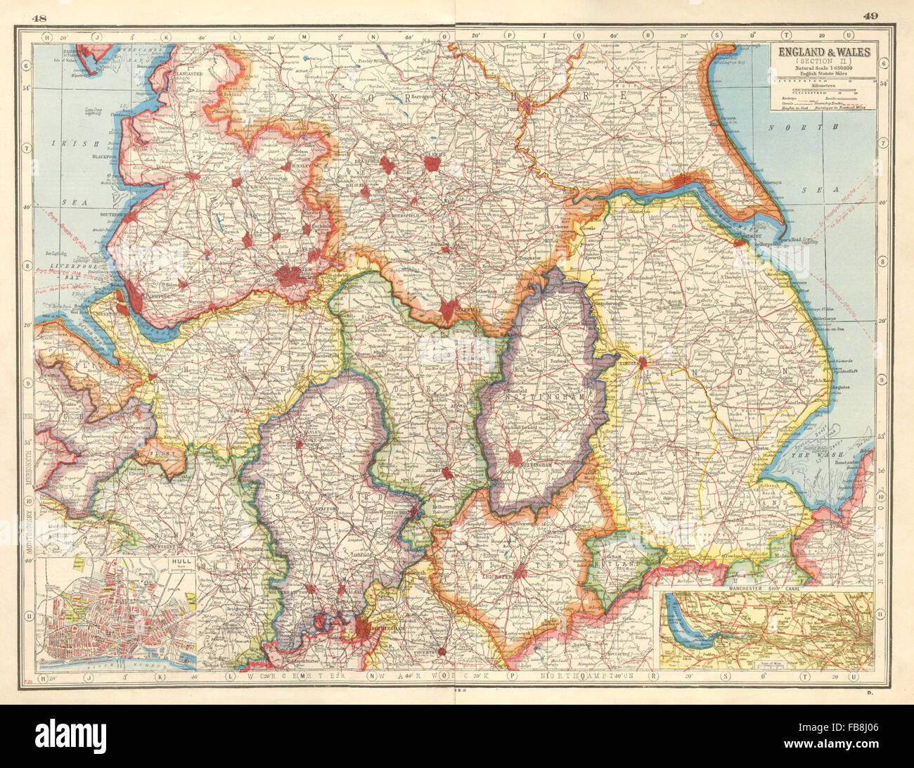 ENGLAND NORTH & MIDLANDS: Inset Hull; Manchester Ship Canal.HARMSWORTH, 1920 map Stock Photo