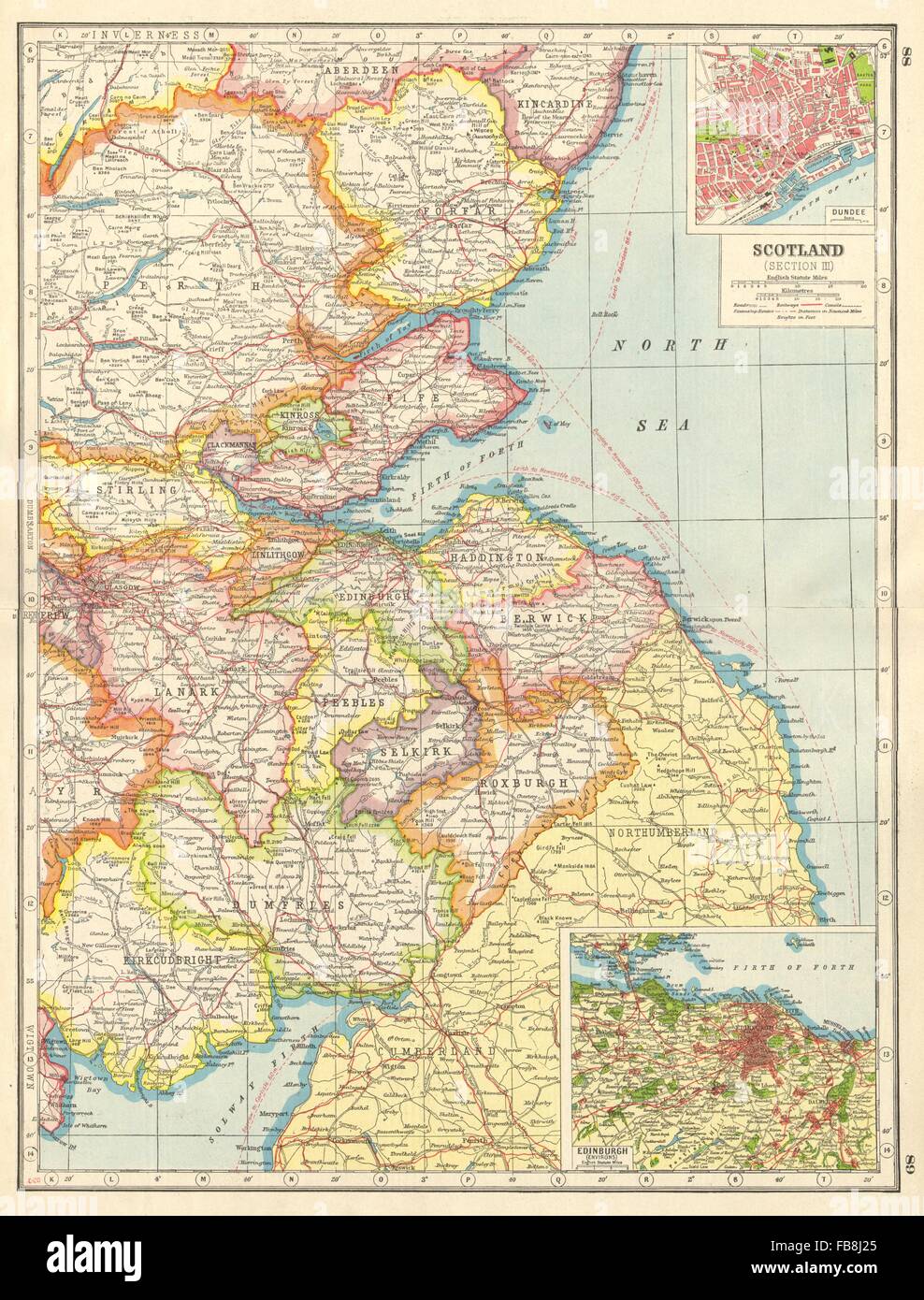 SCOTLAND SOUTH EAST:Borders Lothian Fife Tayside.Dundee Edinburgh plan, 1920 map Stock Photo