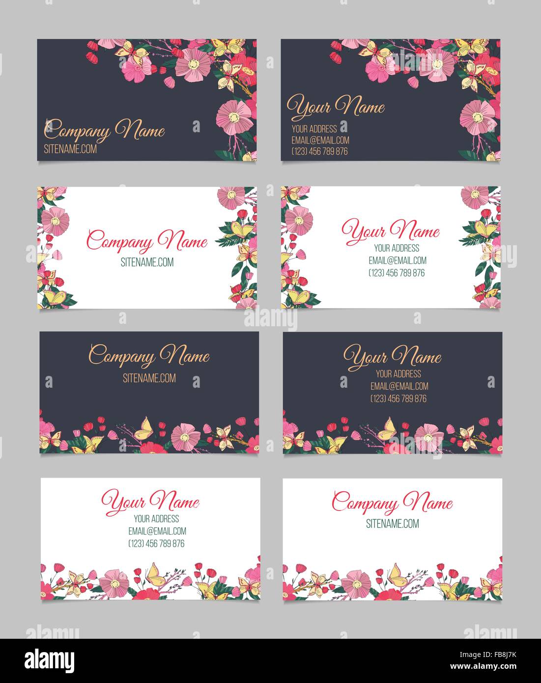 Set of four double-sided floral business cards Stock Vector