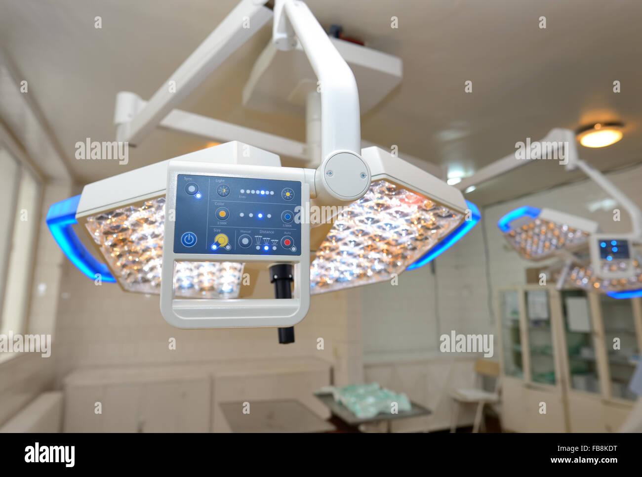 Display of surgical lamps in operation room Stock Photo
