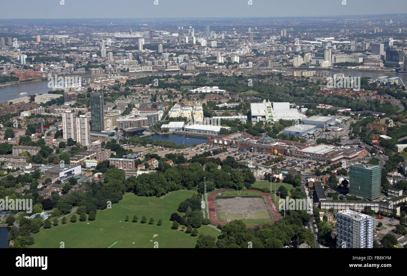 aerial view looking across Southwark Park of Canada Water, Surrey Quays Shopping Centre, Decathlon Surrey Quays, London SE16, UK Stock Photo
