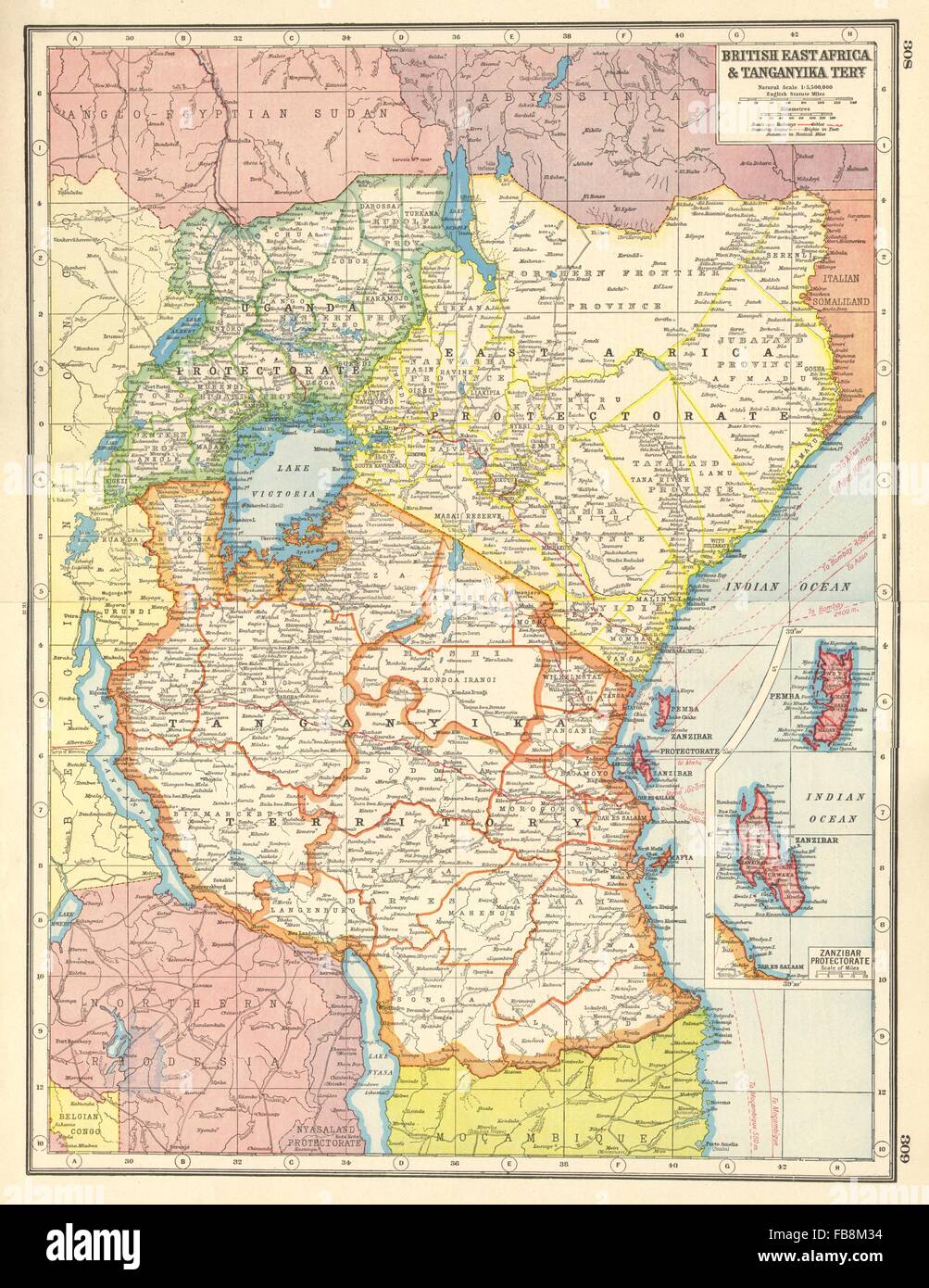 EAST AFRICA: British EA Tanganyika Terr.Kenya Tanzania Zanzibar Uganda, 1920 map Stock Photo