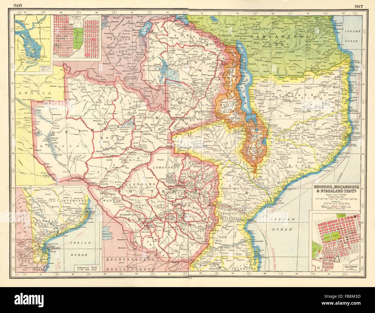 EAST AFRICA: Rhodesia Mozambique Nyasaland. Bulawayo Salisbury/Harare, 1920 map Stock Photo