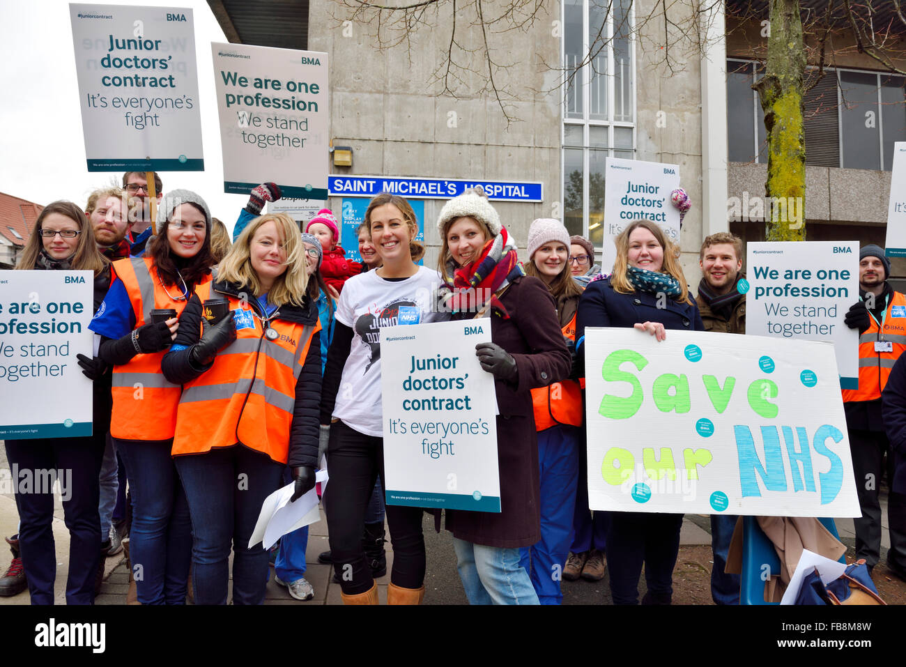 Bristol, England, UK 12 January 2016. Demonstration of Junior Doctors in strike with National Health Service (NHS) and government. The demonstrating doctors emphasizing the worry about new contract which could push them into longer working hours putting patients as risk due to doctors being tired. Demonstrating in front of Saint Michael's Maternity Hospital, The Bristol Royal Hospital for Sick Children. Credit:  Charles Stirling/Alamy Live News Stock Photo