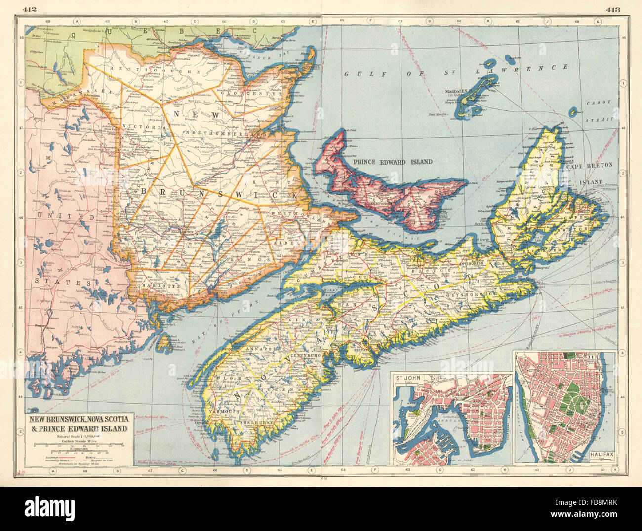 Map Nova Scotia New Brunswick Canada Maritime Provinces:new Brunswick Nova Scotia Pe.st John Halifax,  1920 Map Stock Photo - Alamy