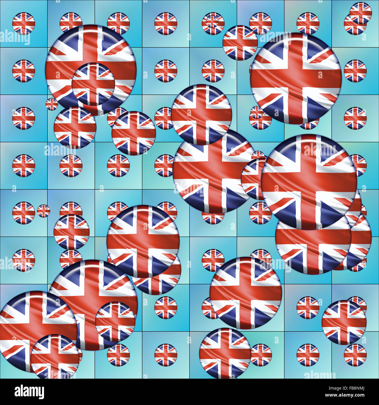 United Kingdom round flags randomly scattered on a light blue background. Stock Photo