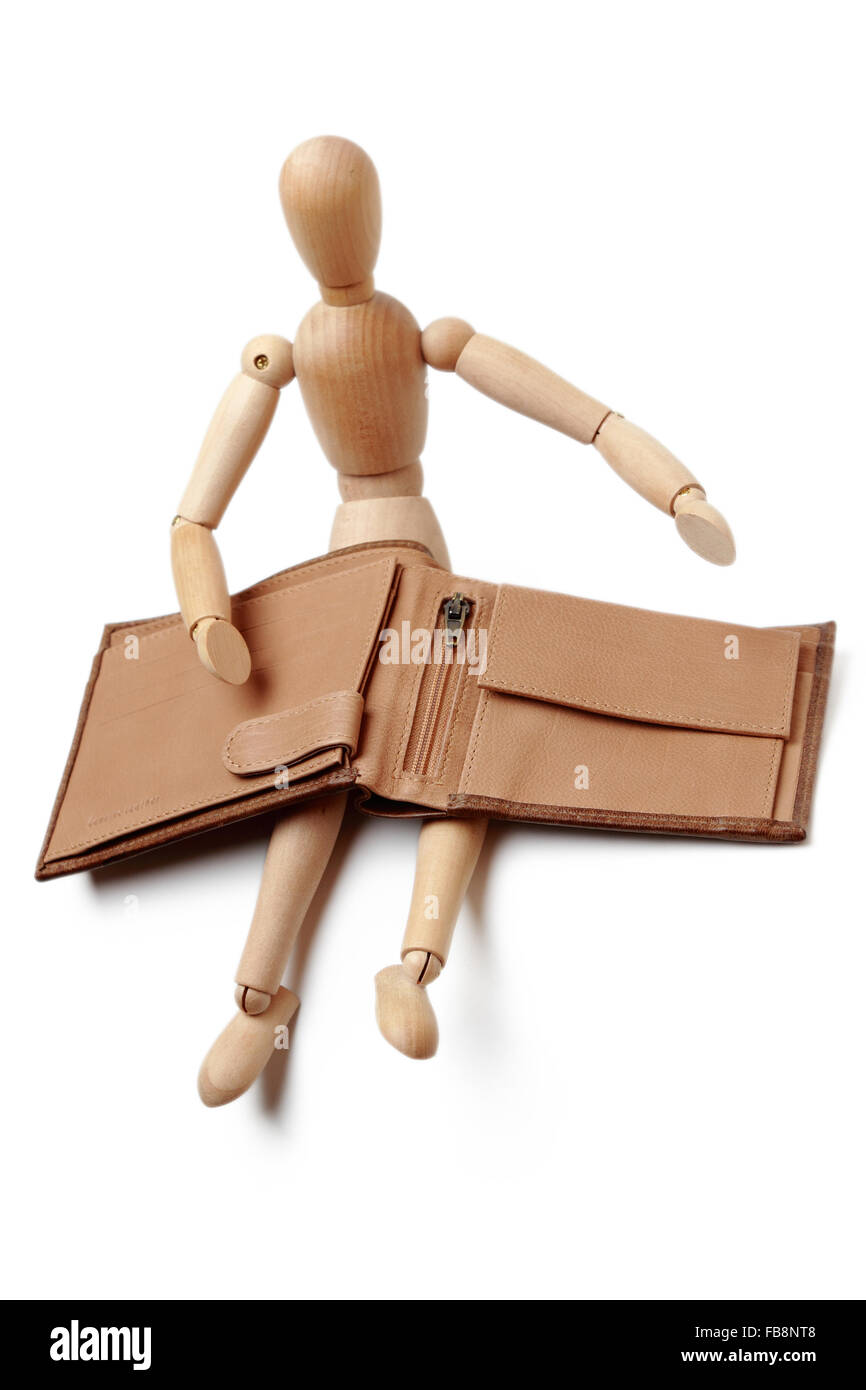 Wooden toy and empty brown wallet Stock Photo
