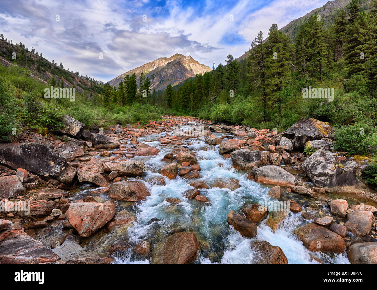Rapid mountain river flows . Wonderful scenery in the mountains of ...