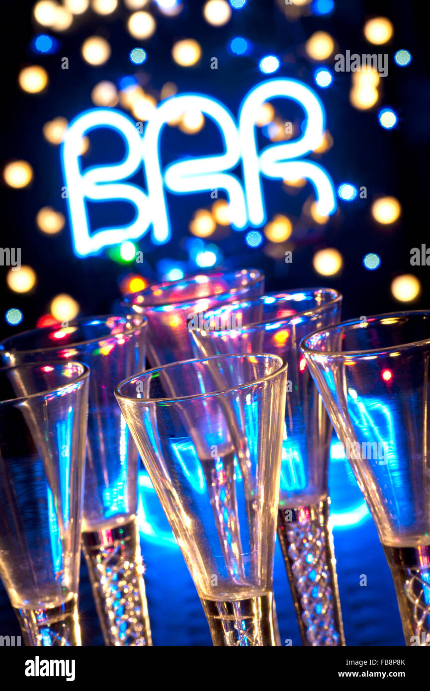 BAR GLASSES DRINKS LIGHTS luxury liqueur shot glasses on table with