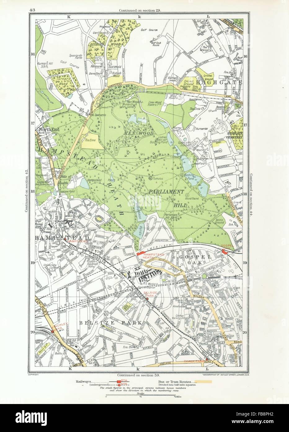 HAMPSTEAD.Belsize Park,Gospel Oak,Highgate,Gospel Oak,Parliament Hill, 1933 map Stock Photo