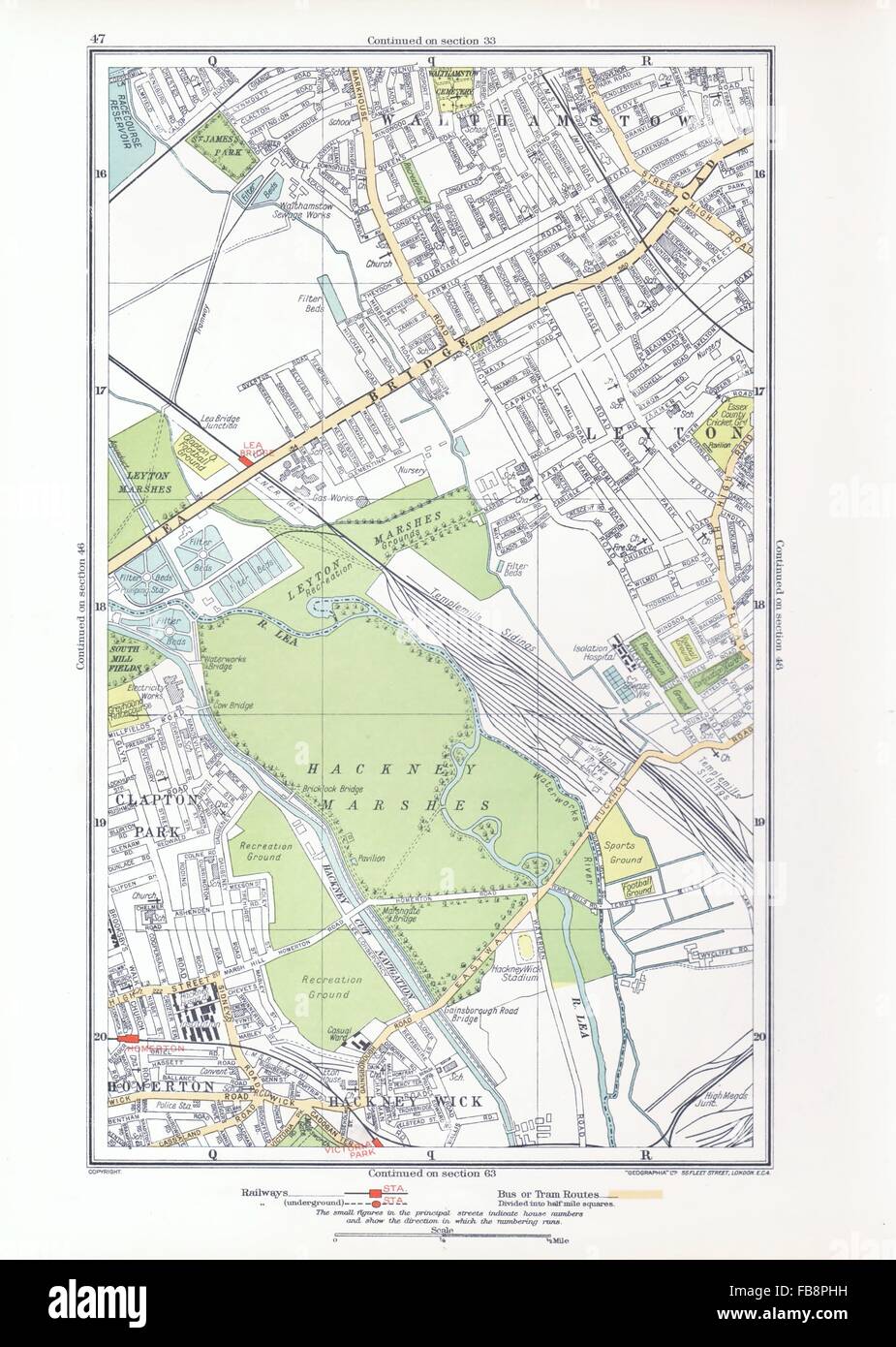 LEYTON. Hackney Marsh/Wick, Homerton, Walthamstow, Clapton Park, 1933 old map Stock Photo