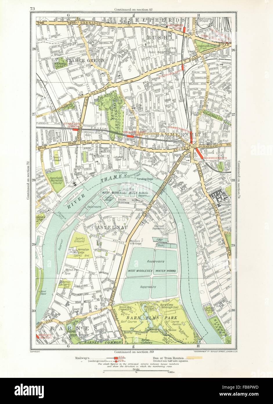 HAMMERSMITH. Barnes, Shepherds Bush, Fulham, Castlenau, Starch Green, 1933 map Stock Photo