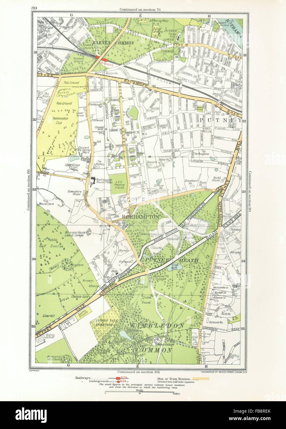 LONDON. Putney Vale,Roehampton,Barnes,Roehampton Park,Barnes Common, 1933 map Stock Photo