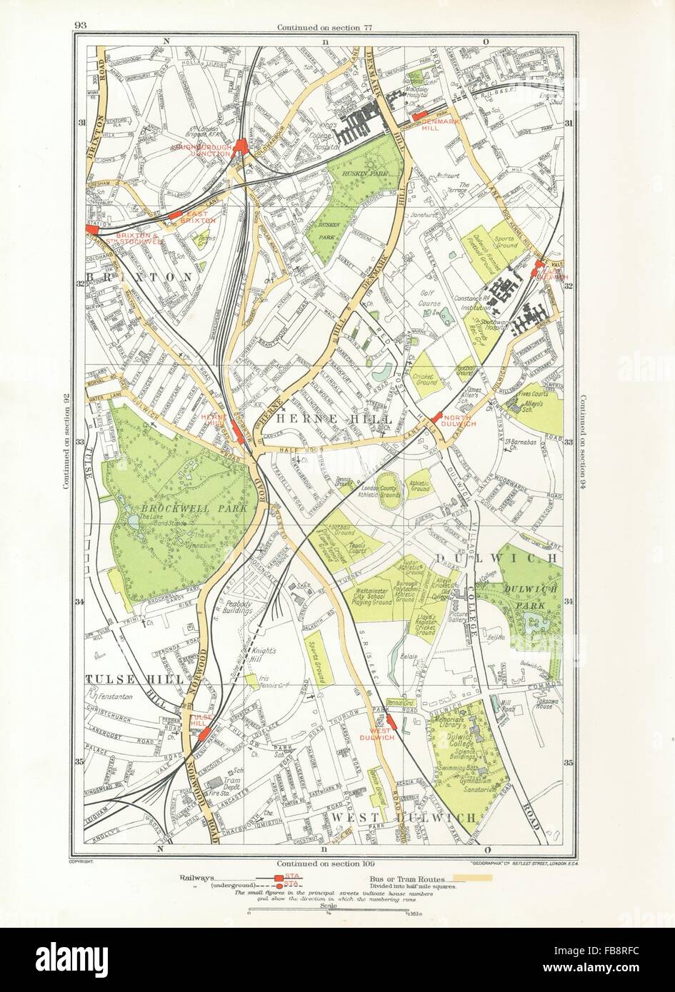 LONDON. Dulwich,Herne Hill,Tulse Hill,Brixton,Stockwell,Denmark Hill, 1933 map Stock Photo
