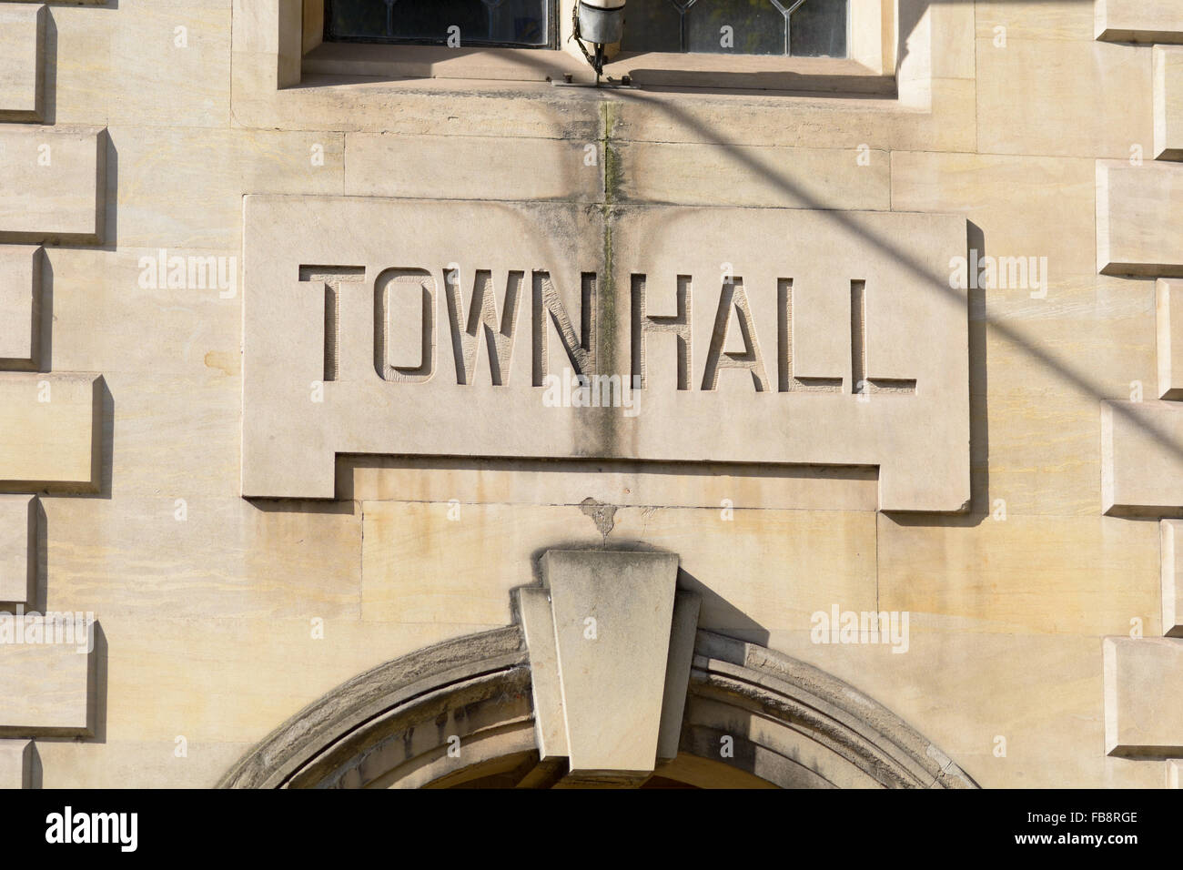 Town Hall sign in Bedford town centre in Bedfordshire, England Stock Photo