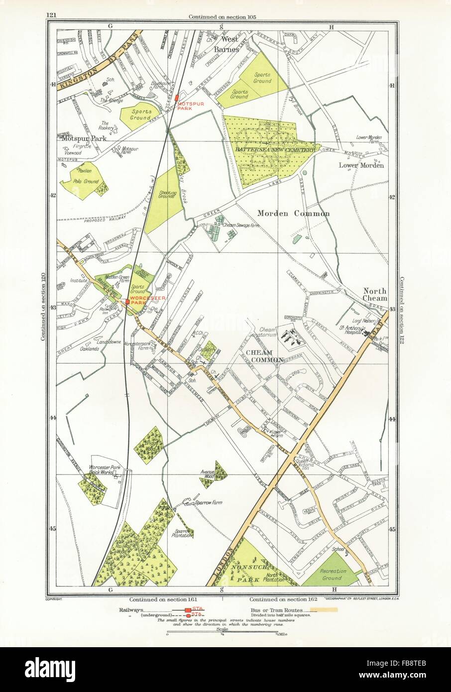 CHEAM. Stoneleigh; Worcester, Morden Common, Motspur Park,West Barnes, 1933 map Stock Photo
