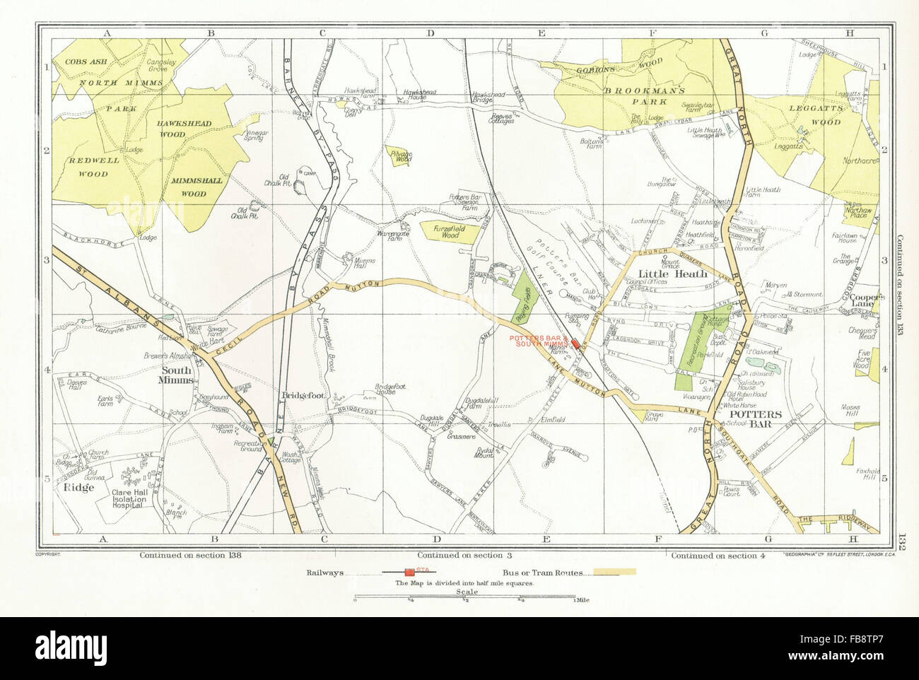 POTTERS BAR. South Mimms, Little Heath, Brookmans Park, Ridge (Herts), 1933 map Stock Photo