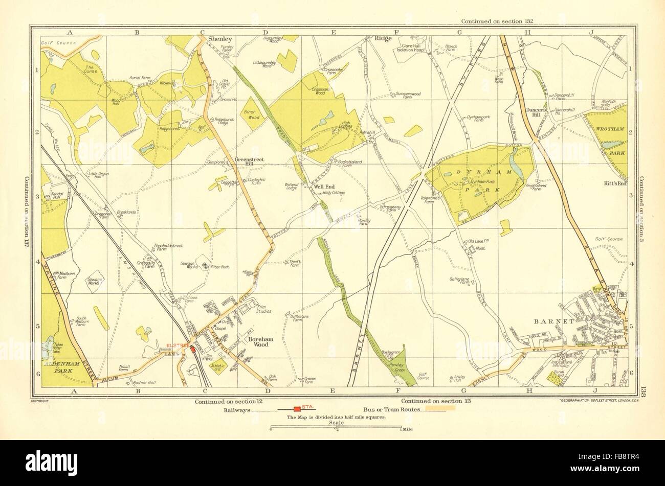BOREHAMWOOD. Elstree, Barnet, Shenley, Ridge, Monken Hadley, 1933 vintage map Stock Photo