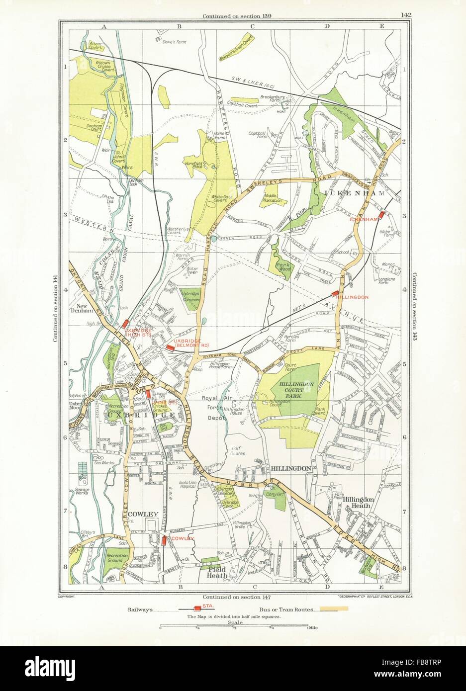 UXBRIDGE. Ickenham, Hillingdon, Ruislip, Cowley, New Denham, 1933 vintage map Stock Photo