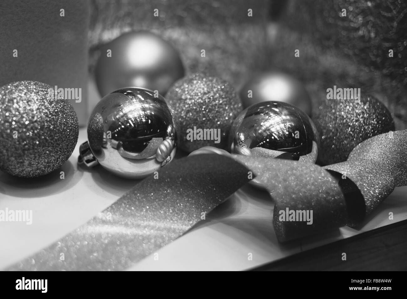 Closeup photo of christmas bauble with ornaments. Stock Photo