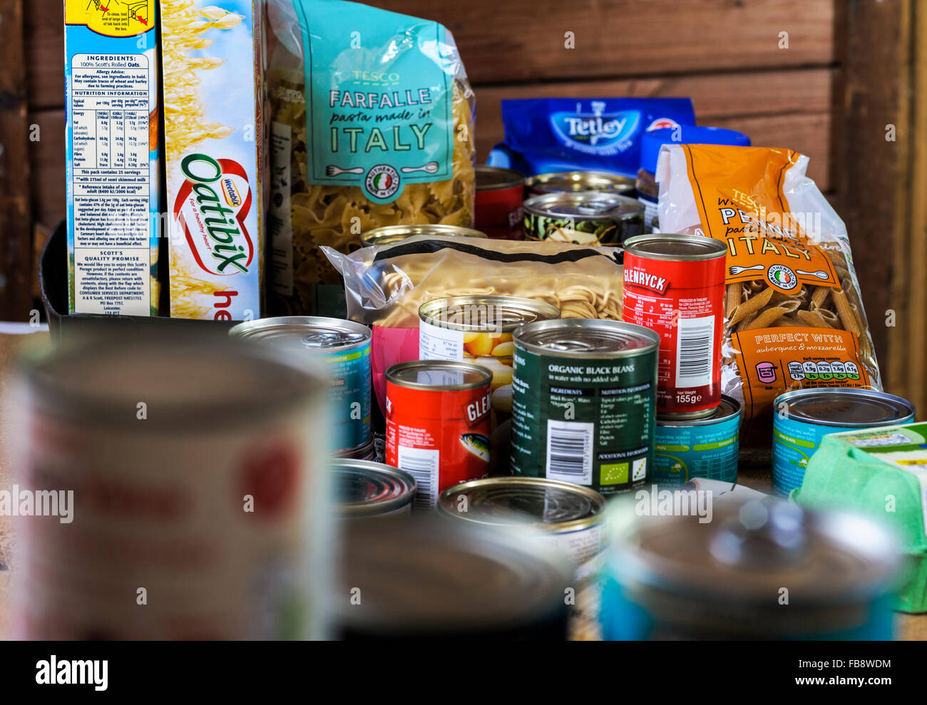 Foodstuff's in food bank storeroom ready to be packed for distribution. Stock Photo
