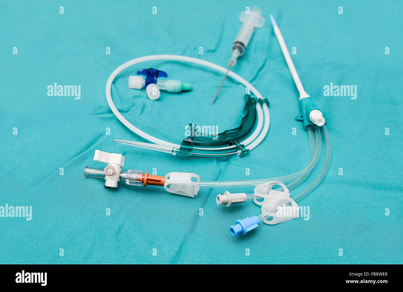 Central venous catheter with guide wire,plastic sheat, needle and syringe Stock Photo Alamy