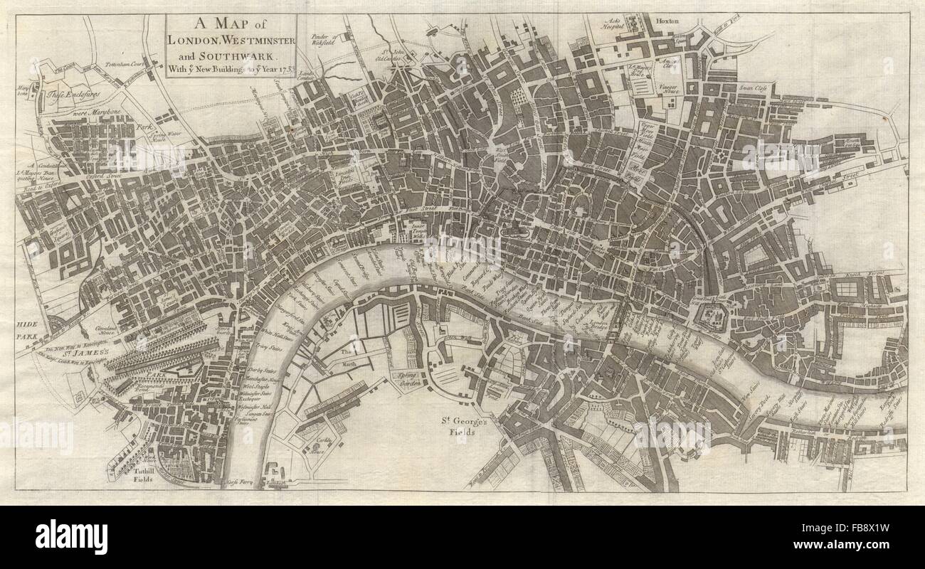 LONDON, WESTMINSTER & SOUTHWARK in 1733 by ROBERT SEYMOUR/MOTTLEY, 1735 map Stock Photo