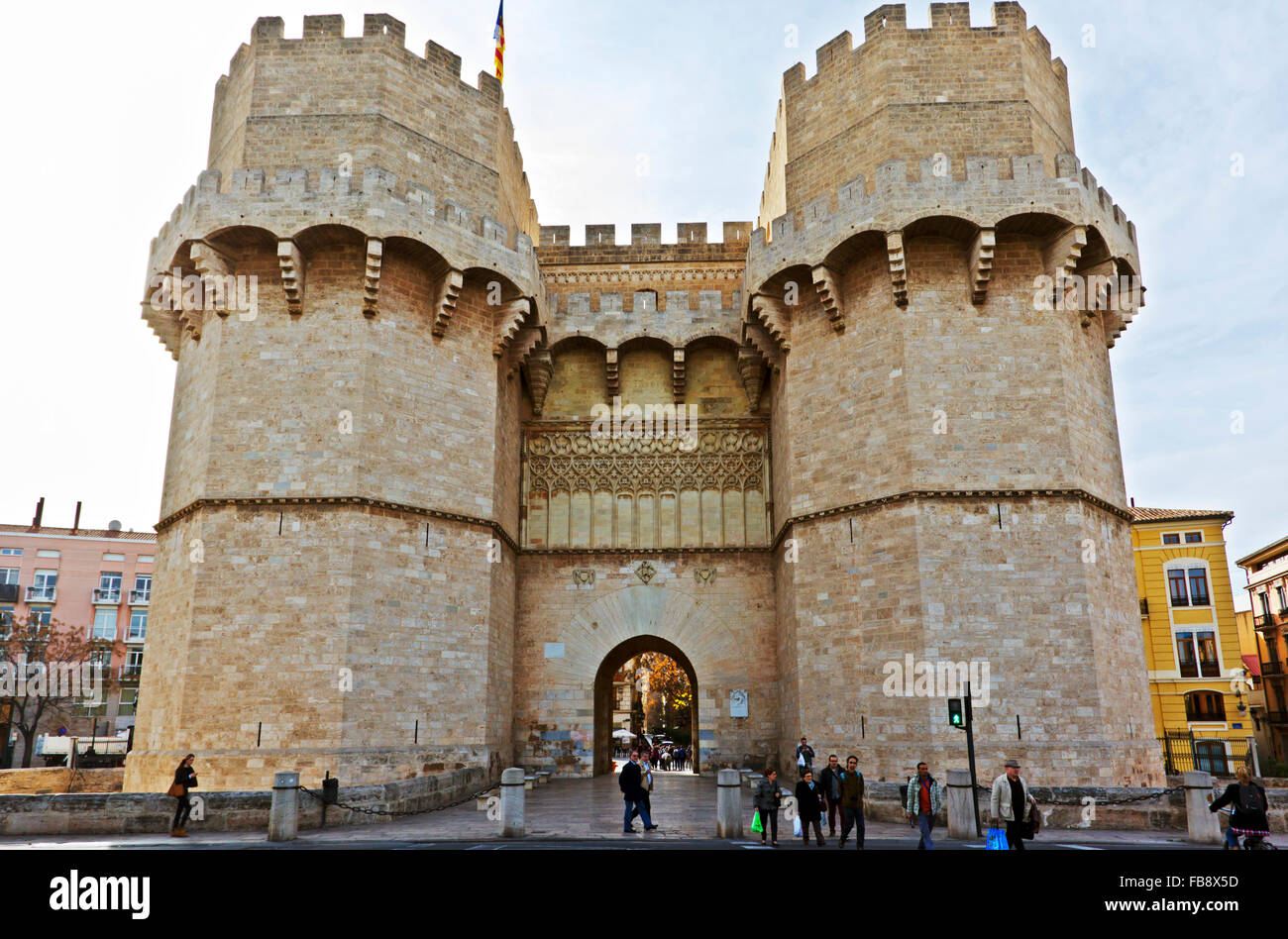 Exterior facade of The Serranos Gate or Serranows Towers, Valencia, Spain. Stock Photo