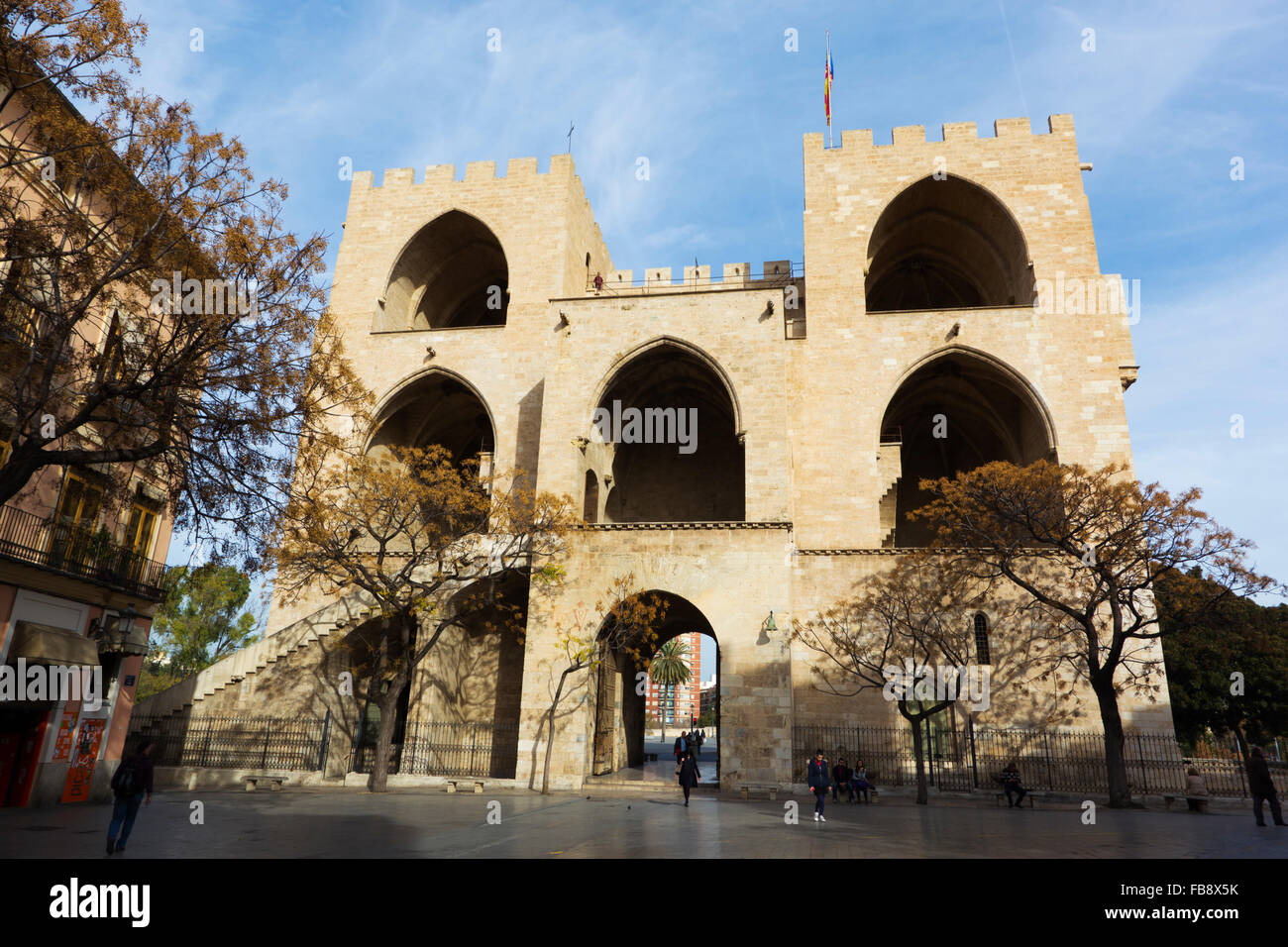 The back facade of The Serranos Gate or Serranows Towers, Valencia, Spain. Stock Photo