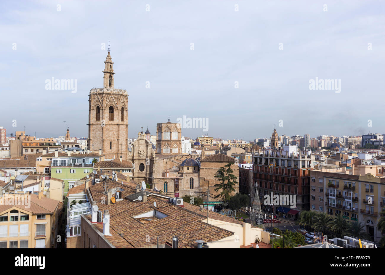 Valencia, Spain. View over the rooftops towards the Cathedral from The Santa Catalina Tower. Stock Photo