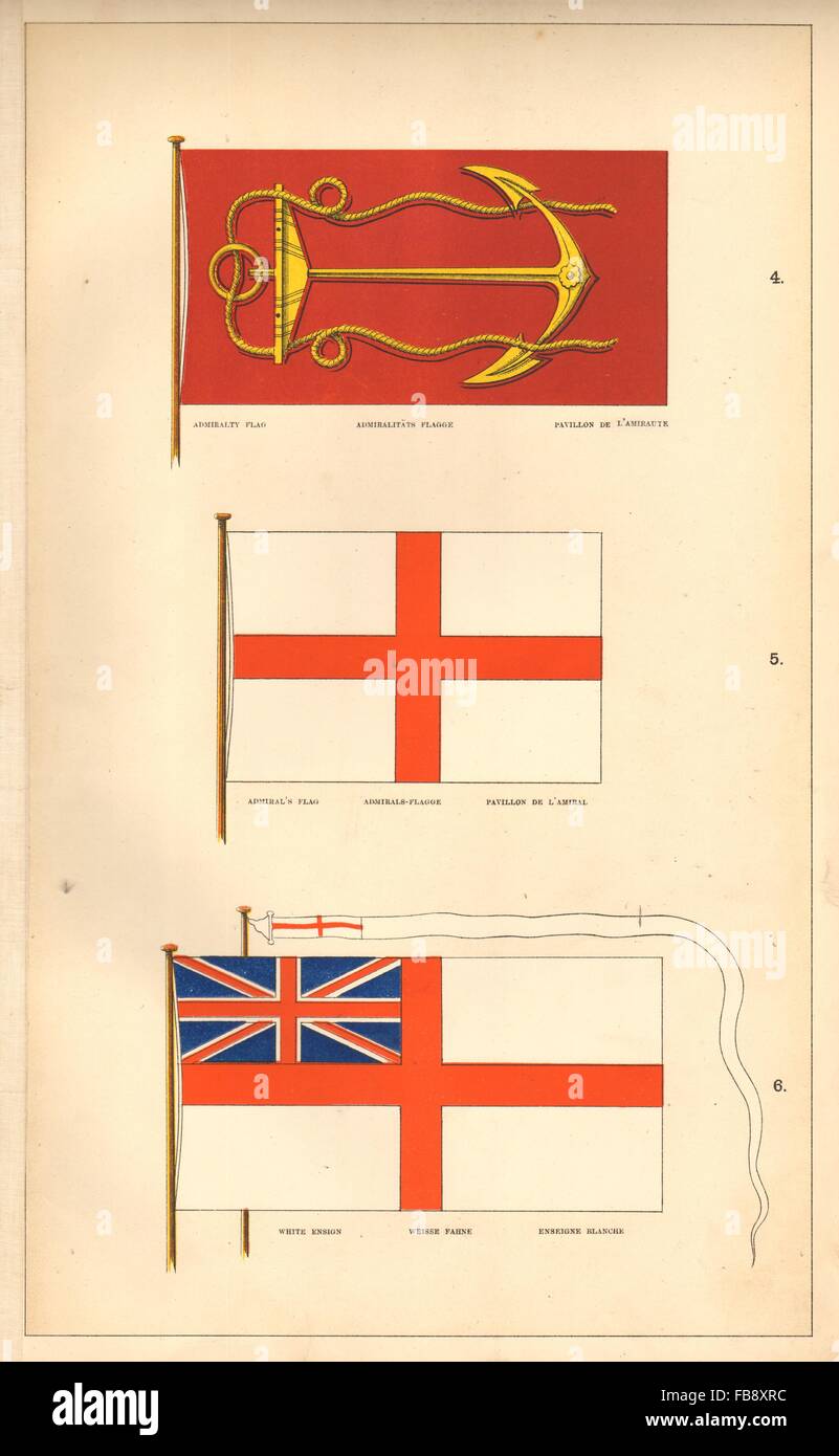 BRITISH NAVAL FLAGS. Admiralty Flag; Admiral's Flag; White Ensign. HOUNSELL 1873 Stock Photo
