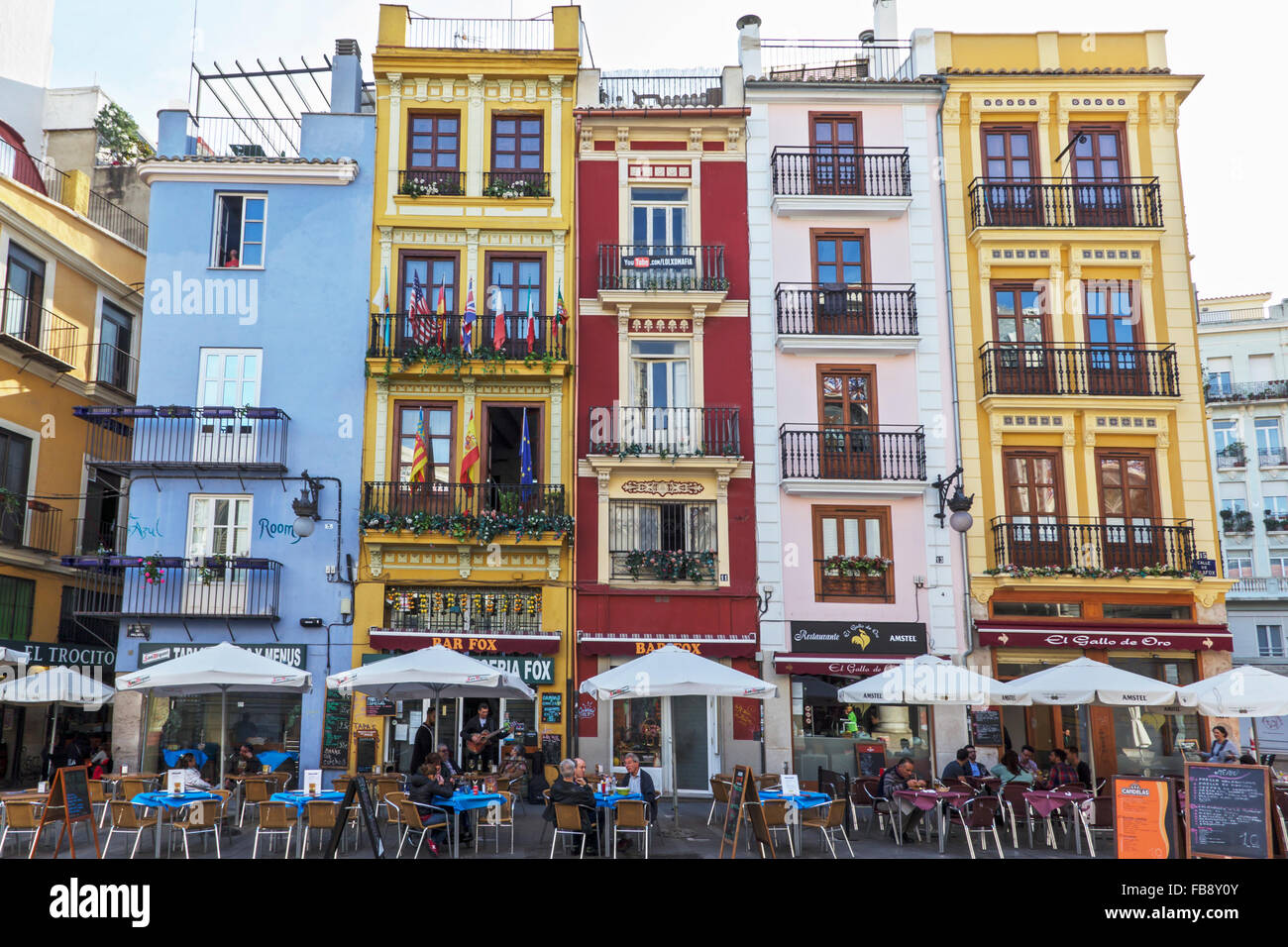 Valencia, Spain. Coloured facades of buildings. Stock Photo
