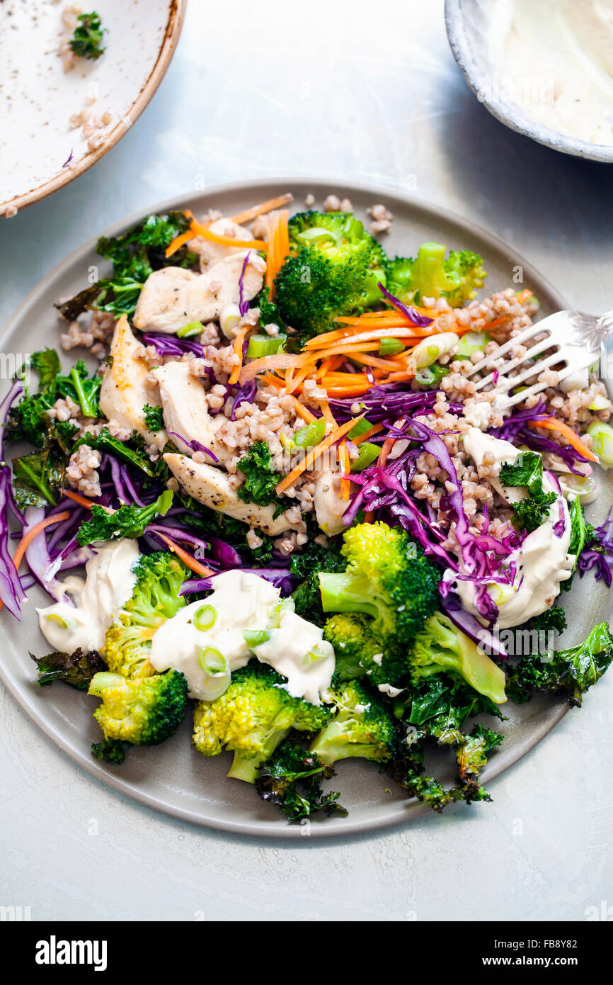 Healthy salad with buckwheat, chicken, broccoli, crispy kale and red cabbage Stock Photo