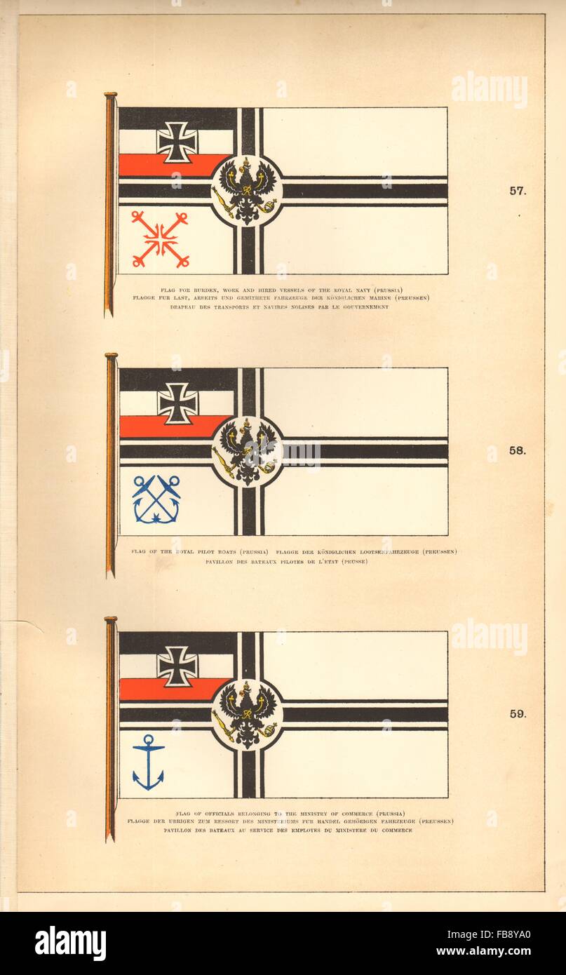 PRUSSIAN ROYAL MARITIME FLAGS.Navy hired vessel Pilots Ministry of Commerce 1873 Stock Photo