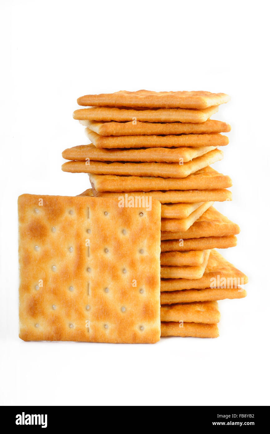 salty crackers on white background Stock Photo