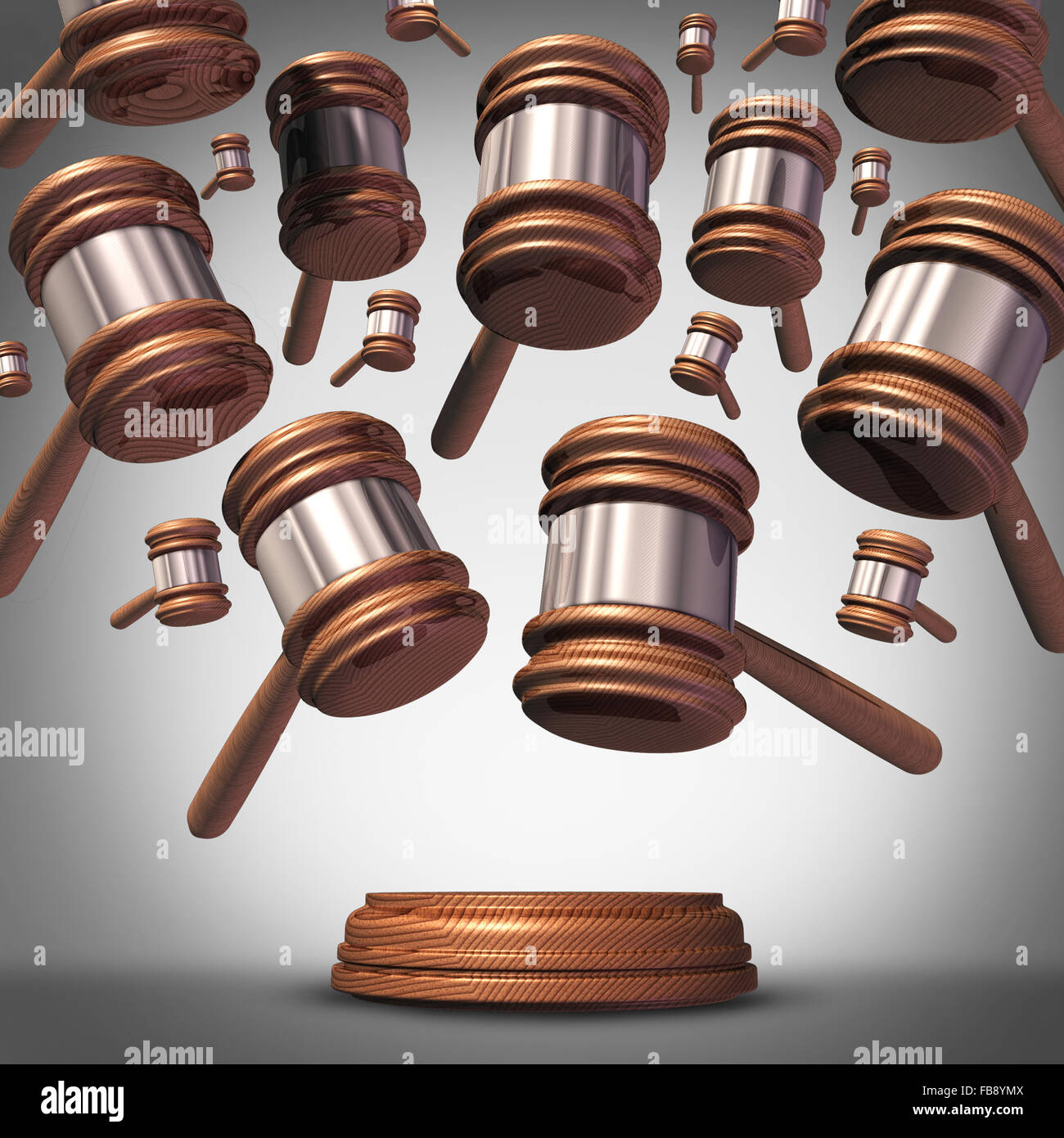 Class action lawsuit concept as a plaintiff group represented by many judge mallets or gavel icons coming down as a symbol for social litigation or organized legal legislation. Stock Photo