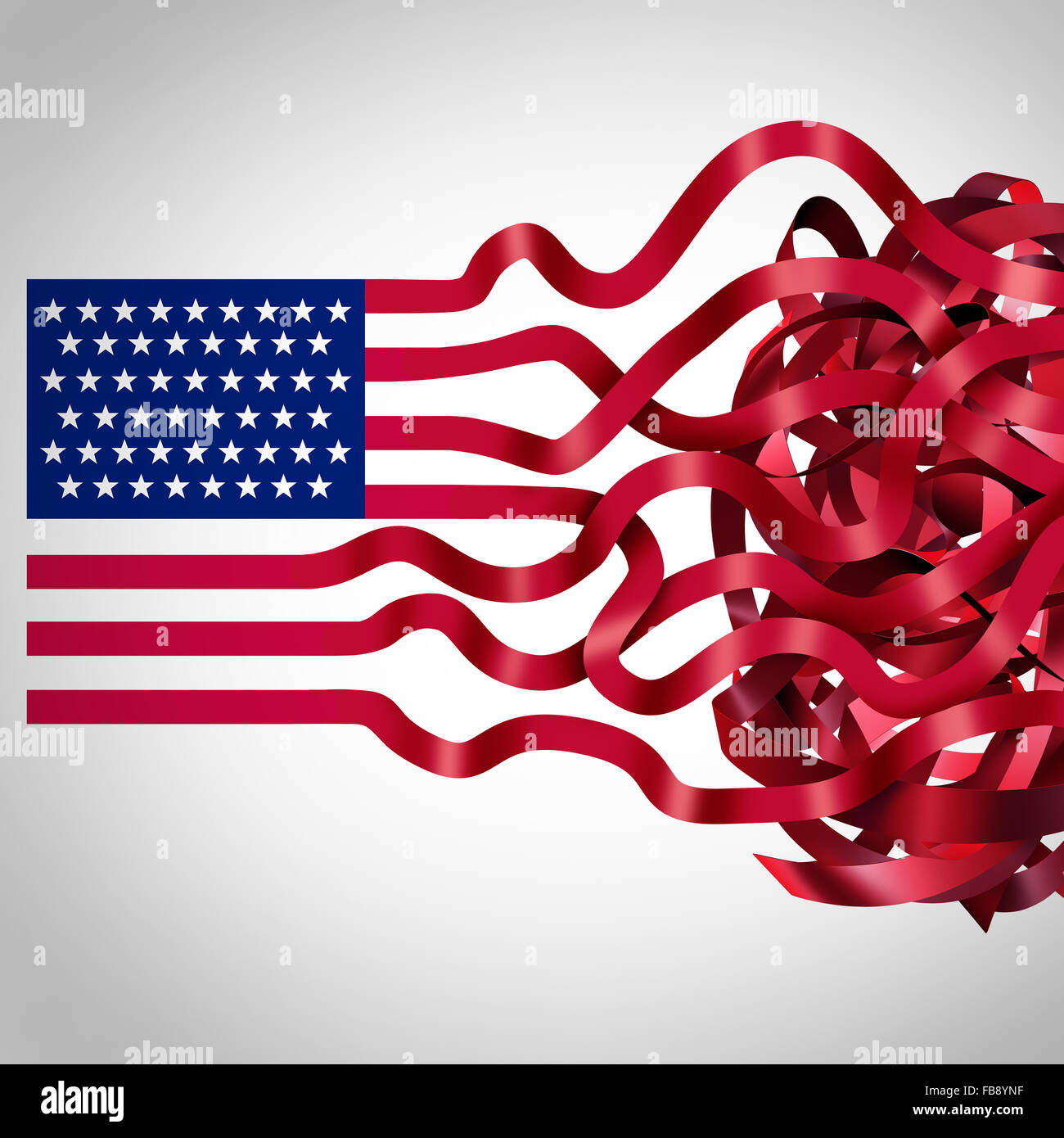 Government red tape concept and American bureaucracy symbol as an icon of the flag of the United States with the red stripes getting tangled in confusion as a metaphor for political and administration inefficiency. Stock Photo
