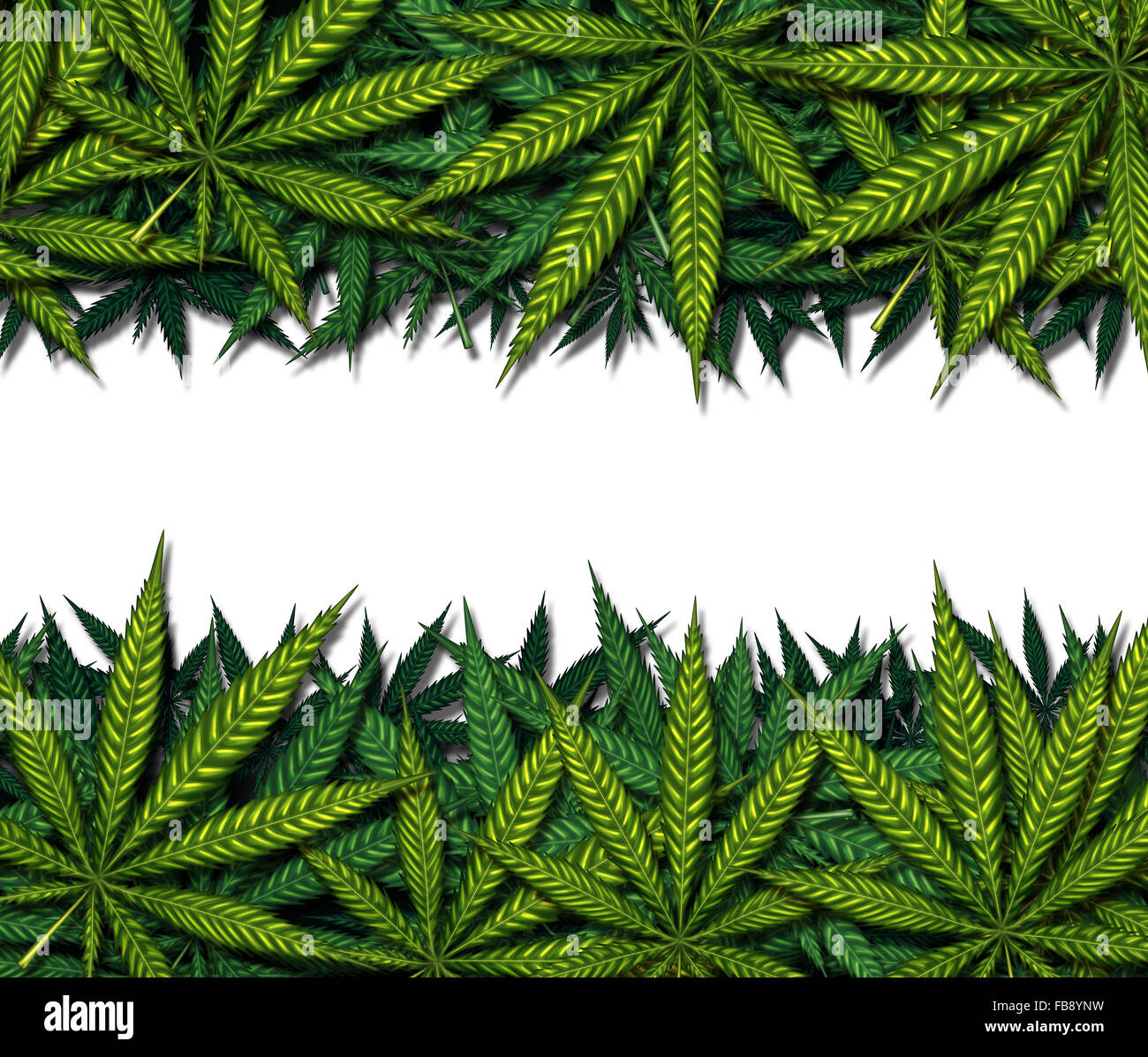 Marijuana border design on a white background as a symbol for medicinal pot or medical weed as a group of green leaves as a cannabis drug communication symbol. Stock Photo