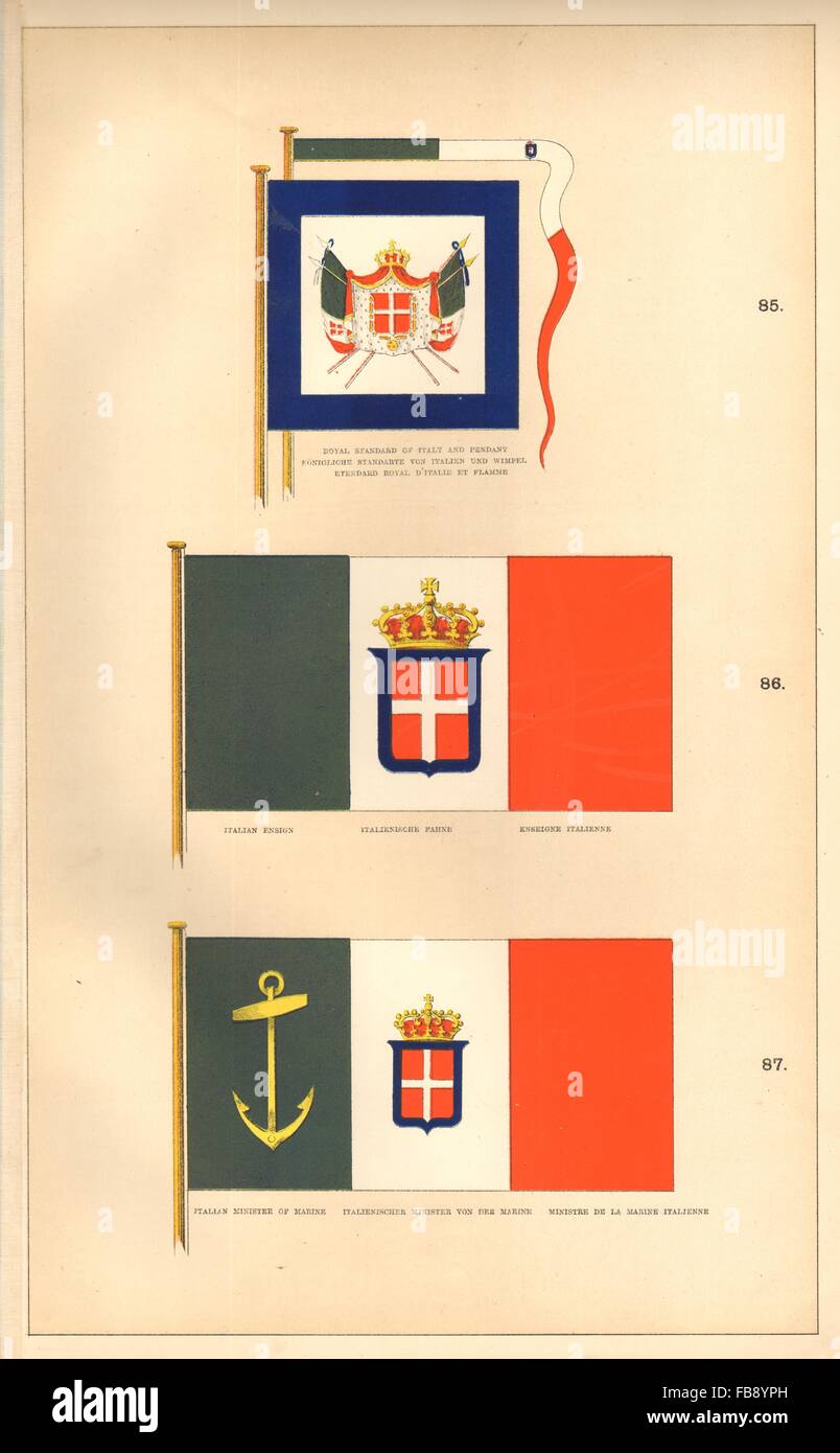 ITALIAN ROYAL FLAGS. Royal Standard/pennant.Ensign.Minister of Marine.Italy 1873 Stock Photo