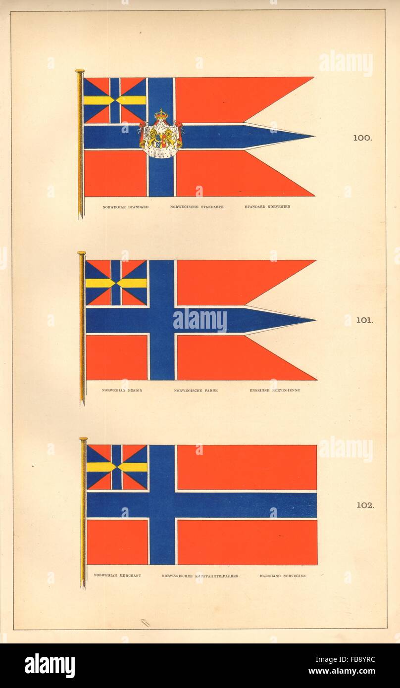 NORWEGIAN MARITIME FLAGS. Standard, Ensign & Merchant. Norway. HOUNSELL, 1873 Stock Photo