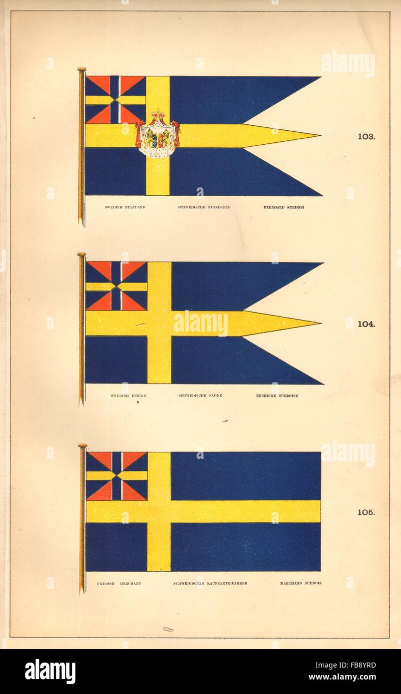 SWEDISH MARITIME FLAGS. Standard, Ensign & Merchant. Sweden. HOUNSELL, 1873 Stock Photo