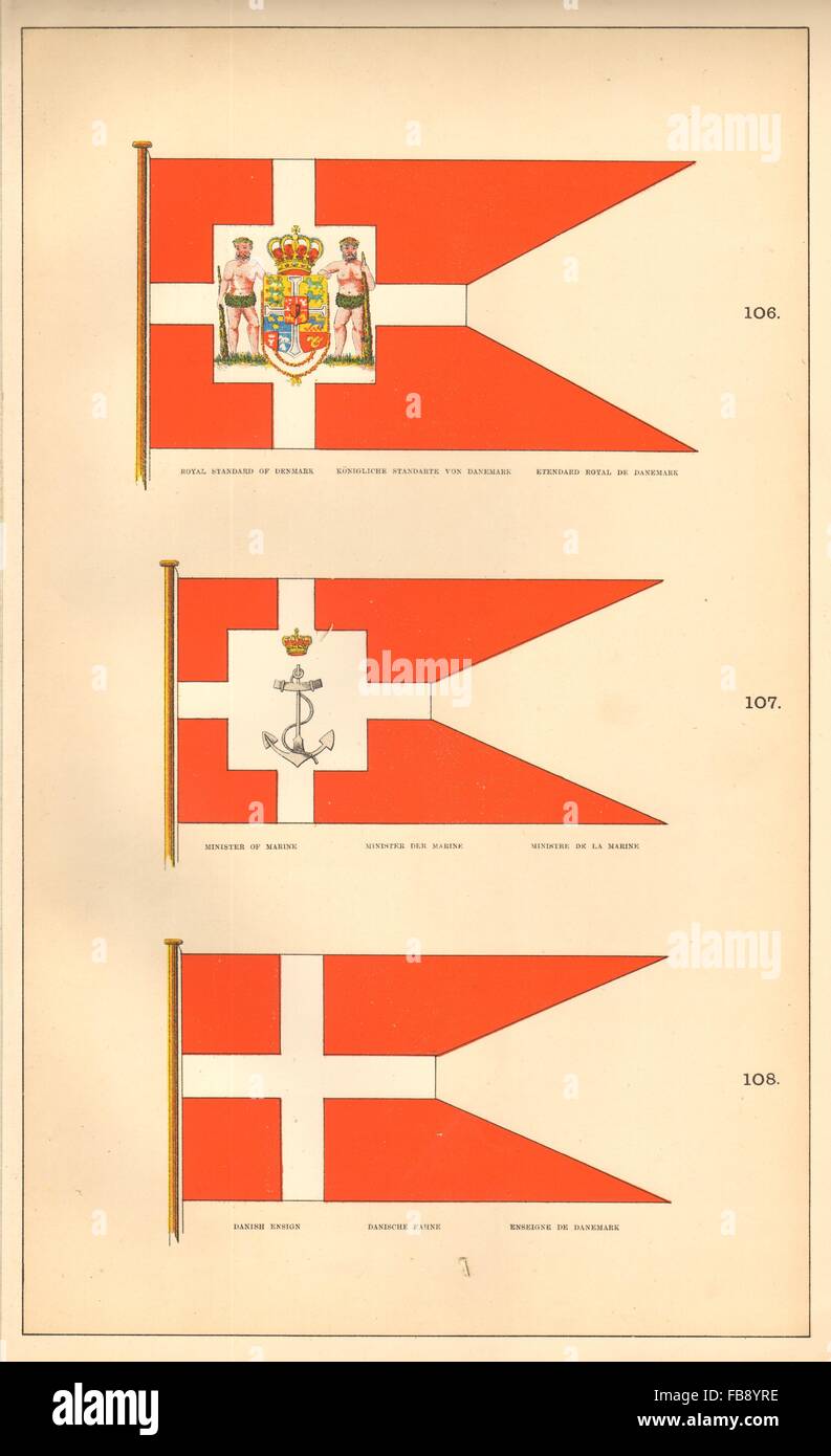 DANISH MARITIME FLAGS. Denmark Royal Standard, Minister of Marine & Ensign, 1873 Stock Photo