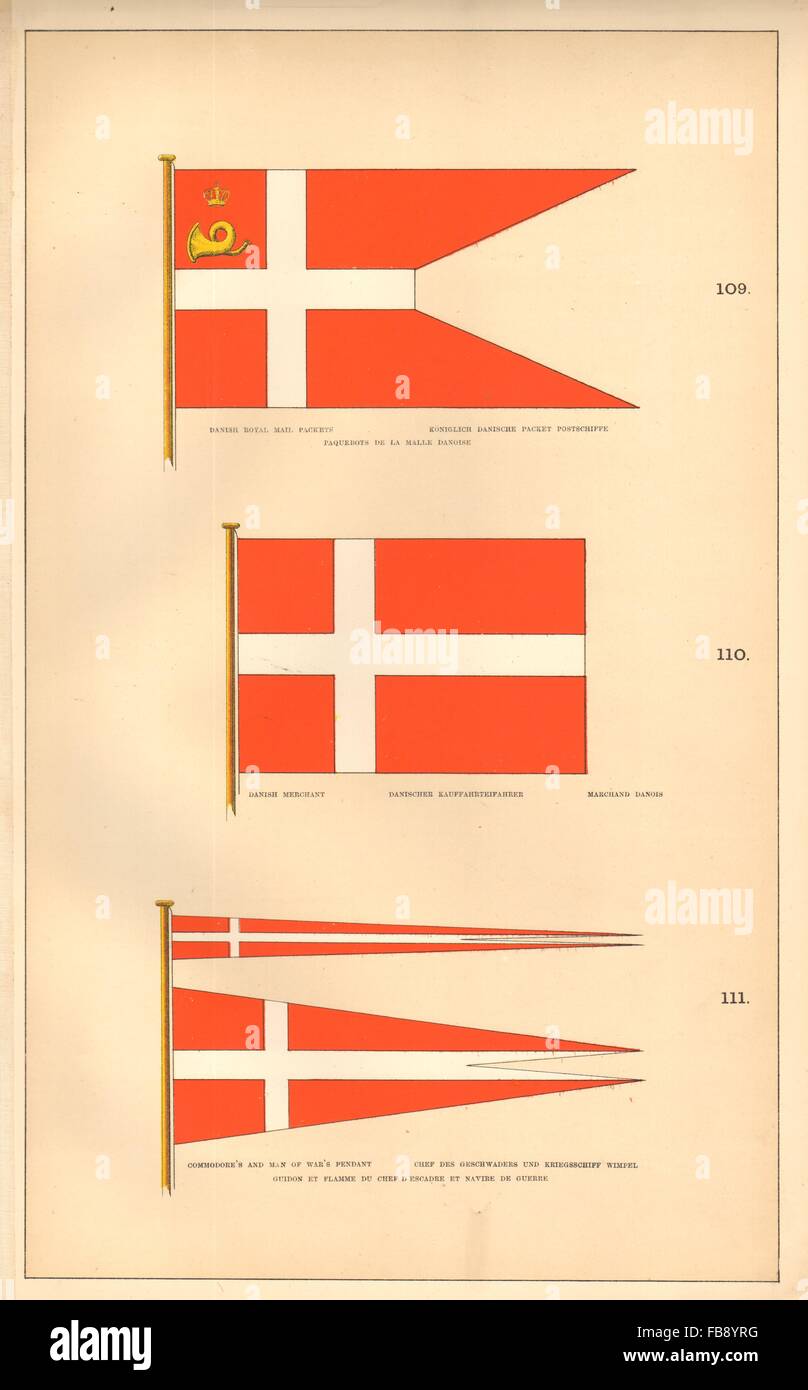 DANISH MARITIME FLAGS. Royal Mail Packet.Merchant.Cdre/Man-of-War pennant, 1873 Stock Photo