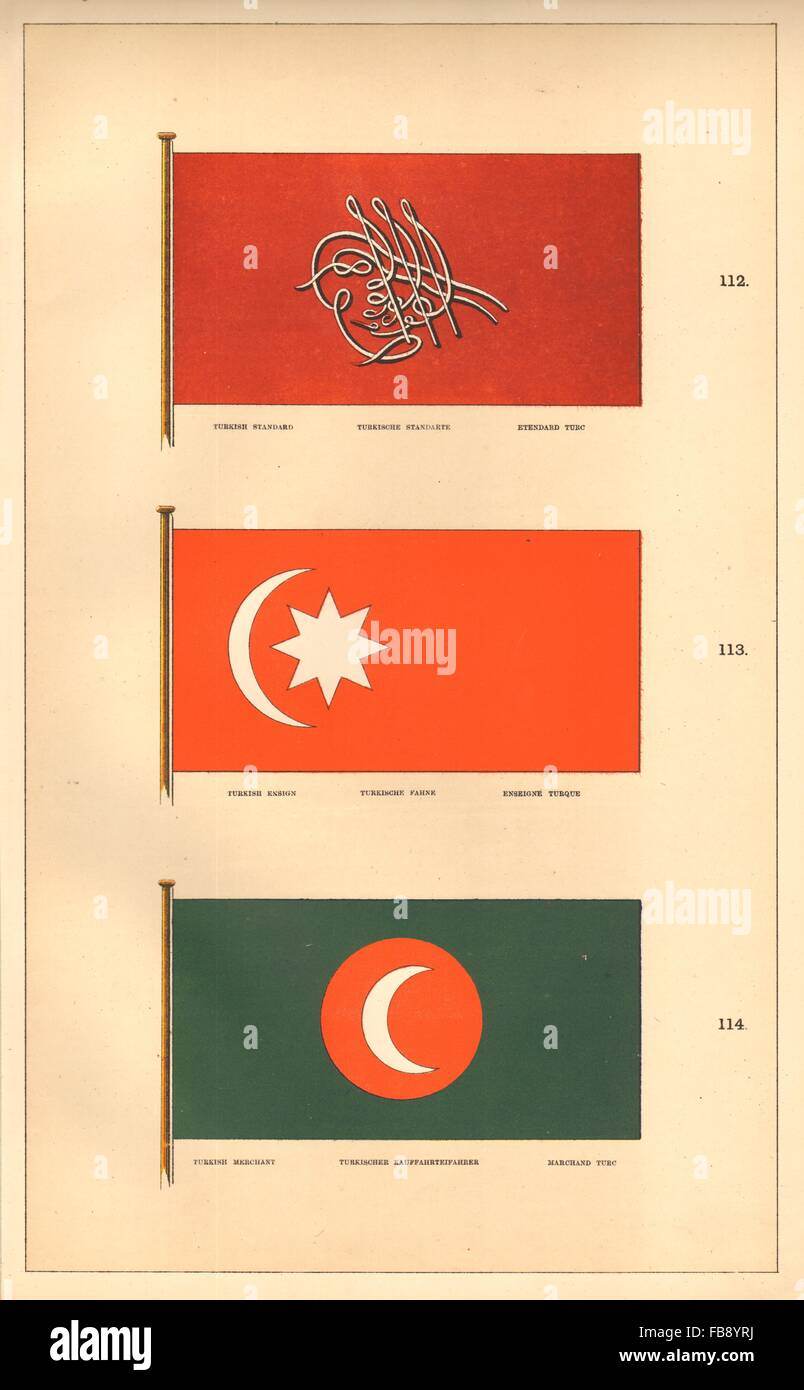 TURKISH MARITIME FLAGS. Standard Ensign Merchant. Ottoman Turkey. HOUNSELL, 1873 Stock Photo