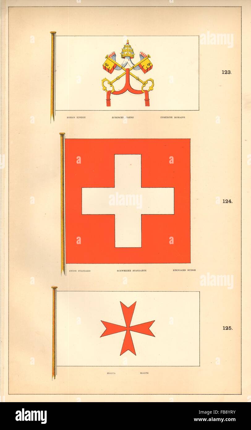 FLAGS. Roman Ensign; Swiss Standard; Malta. HOUNSELL, antique print 1873 Stock Photo
