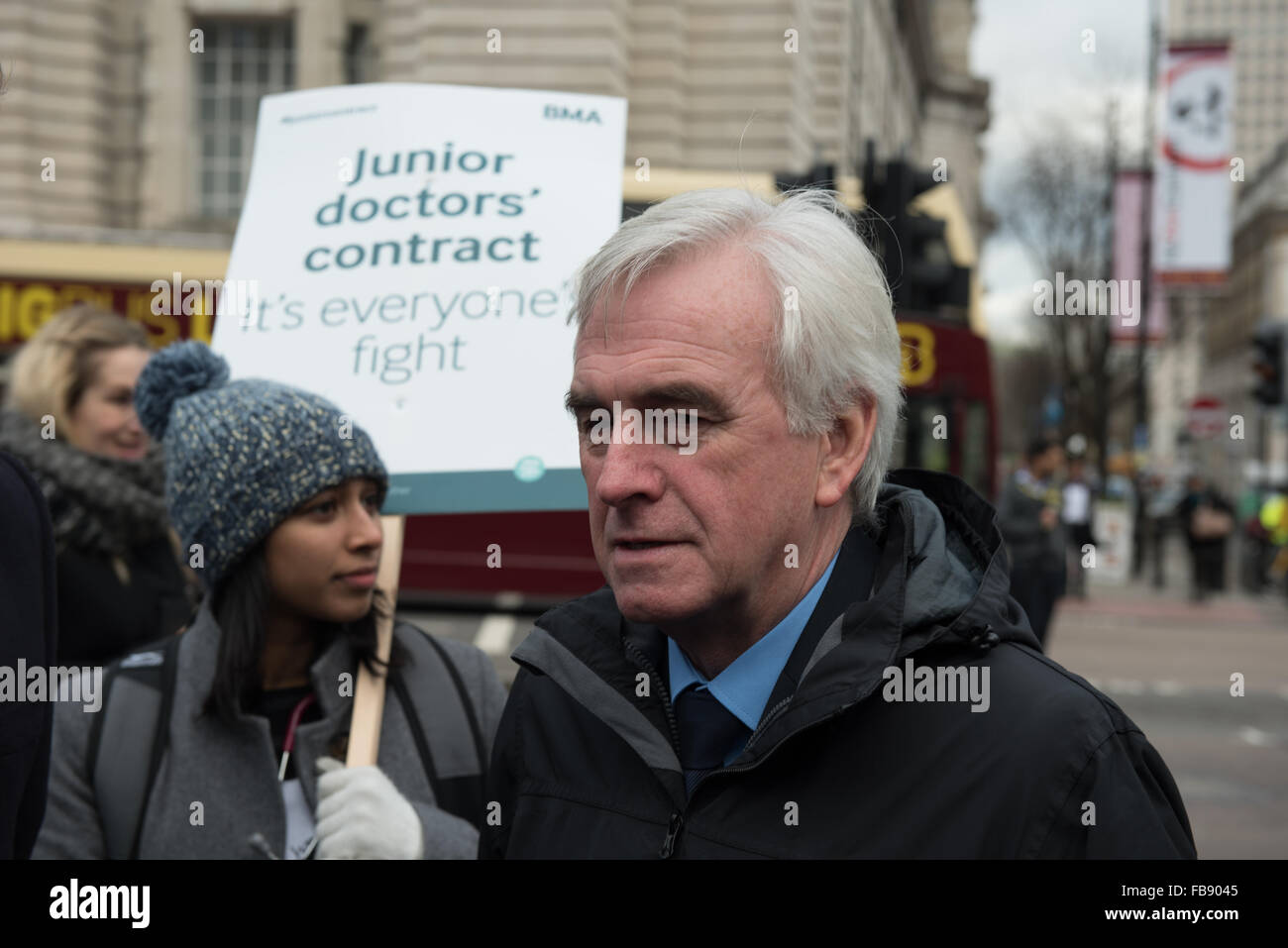 St Thomas’ Hospital, London, UK. 12th January, 2016. John McDonnell, Labour Party Shadow Chancellor with the Junior Doctor Pickets outside St Thomas' Hospital, Westminster, London Credit:  Ian Davidson/Alamy Live News Stock Photo