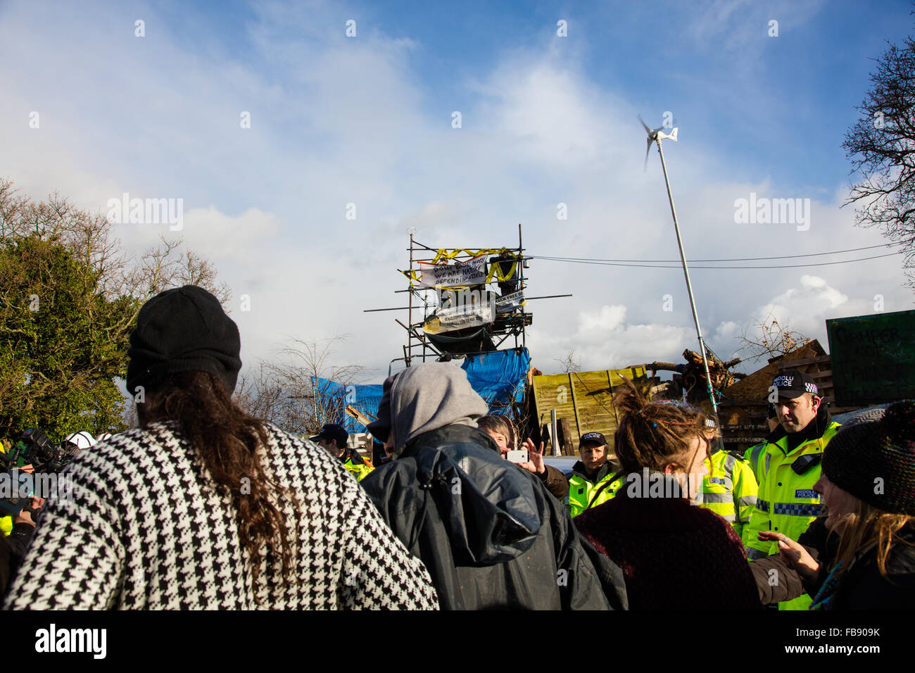 Upton, Cheshire. 12th Jan, 2016. Large numbers of police and bailiffs evicting protestors from the long standing anti fracking camp at Upton  Credit:  Jason Smalley / Alamy Live News Stock Photo